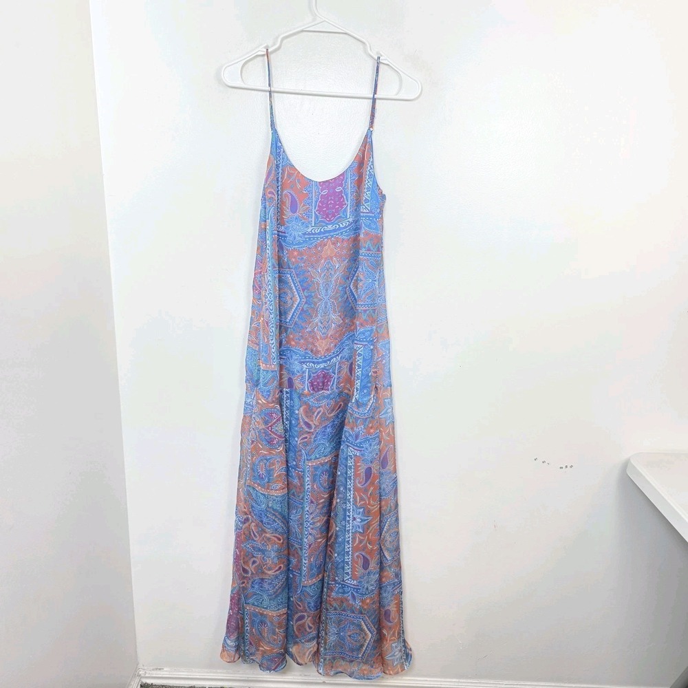 Eywasouls Malibu Blue Orange Flowy Boho Artsy Sleeveless Beachy Maxi Dress Sz M - Picture 2 of 8